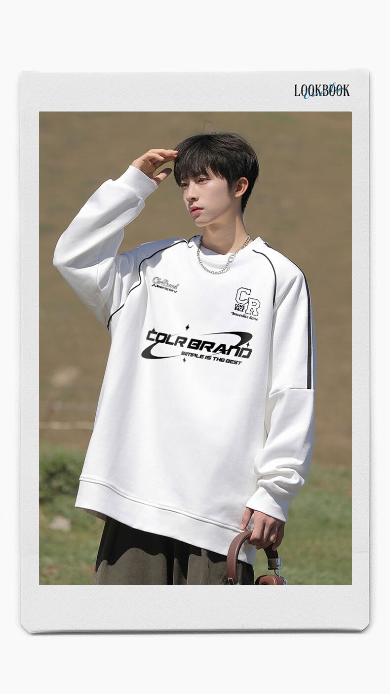 CLOR American-Style Striped Patchwork Sweatshirt for Men, Spring And Summer Style, Trendy Casual Loose Long-Sleeve T-Shirt WYC10 White M 2