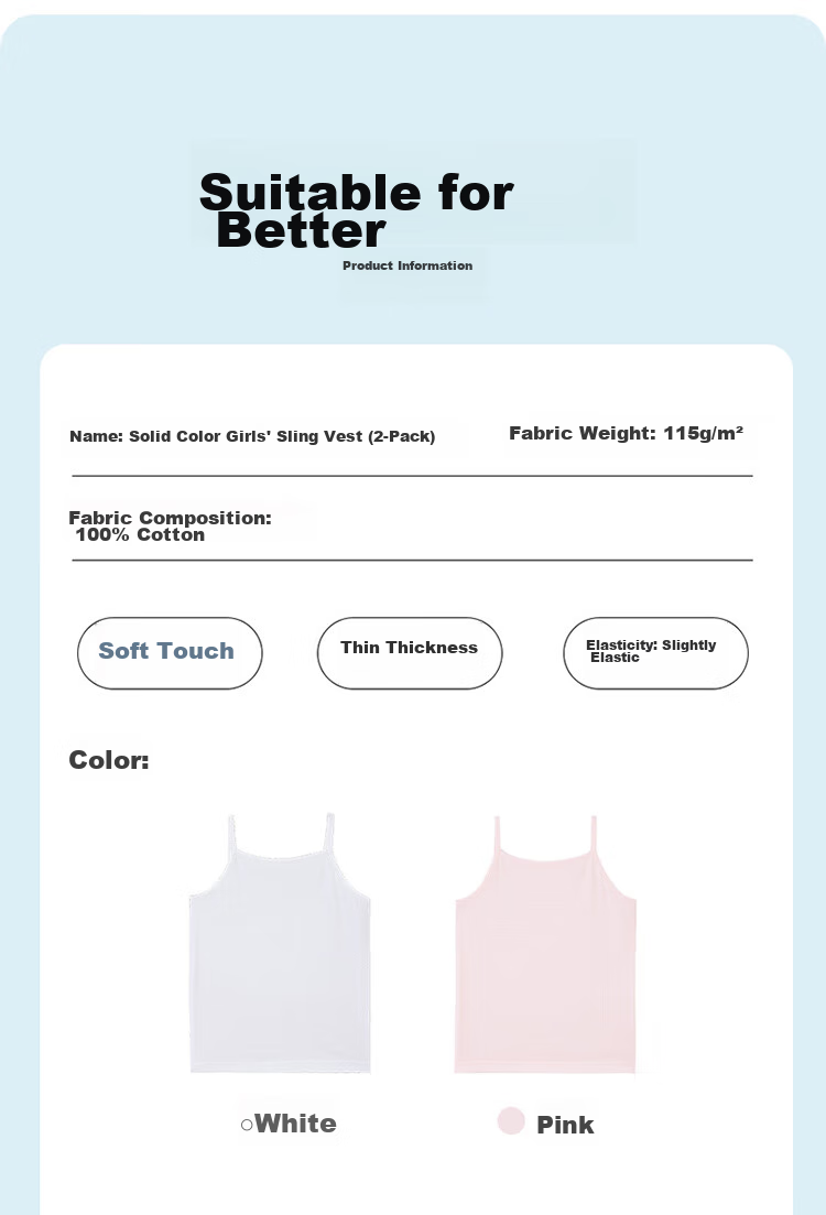 Dingguagua Girls' Camisole, Children's Cotton Tank Top, Baby Development Period, Little Girls' Breathable Style, Pure Cotton, 2-Pack, Size 150 8