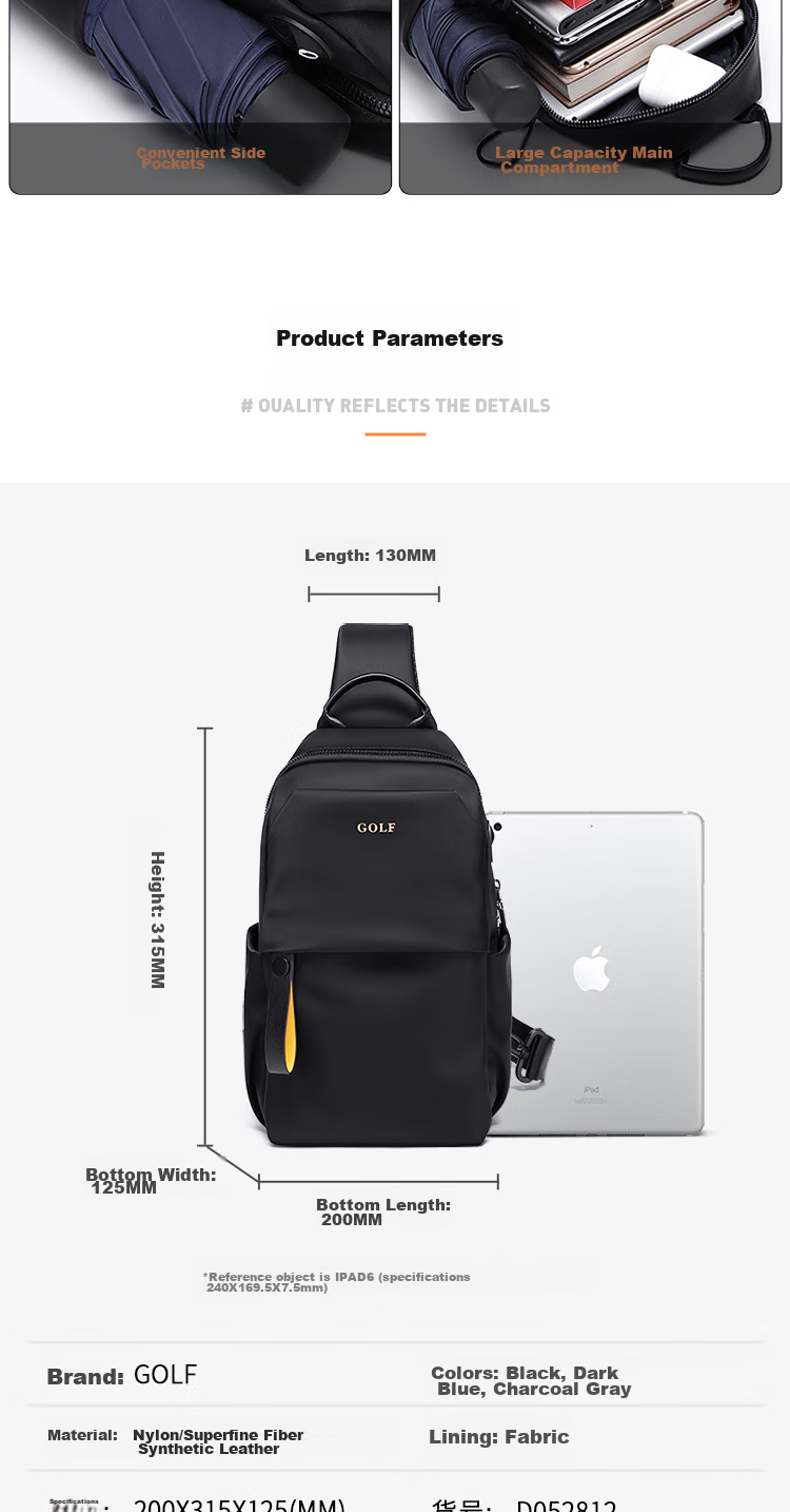 GOLF Chest Bag for Men, Trendy Crossbody Bag, Casual Shoulder Bag for IPad And Phone, Cycling Sports Travel Small Backpack 15