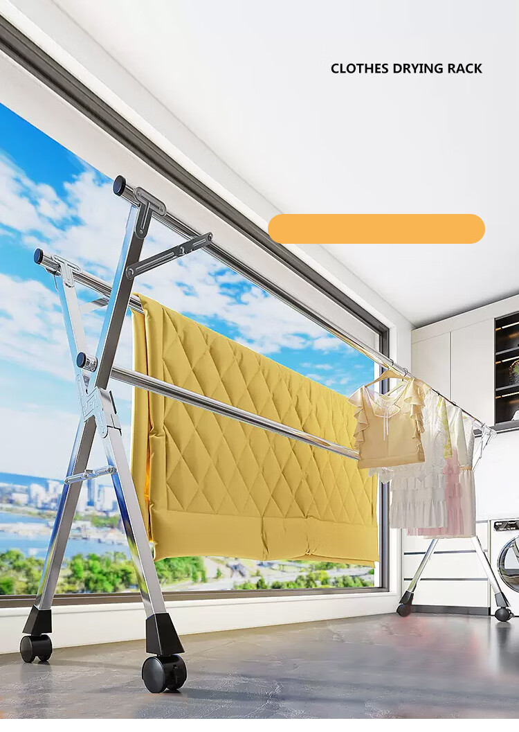 Huakaizhixing Folding Clothes Drying Rack, Floor-Standing Stainless Steel Clothes And Quilt Drying Stand, YJ67 Three-Rod + Wheels, Heightened, 2 Meters 3