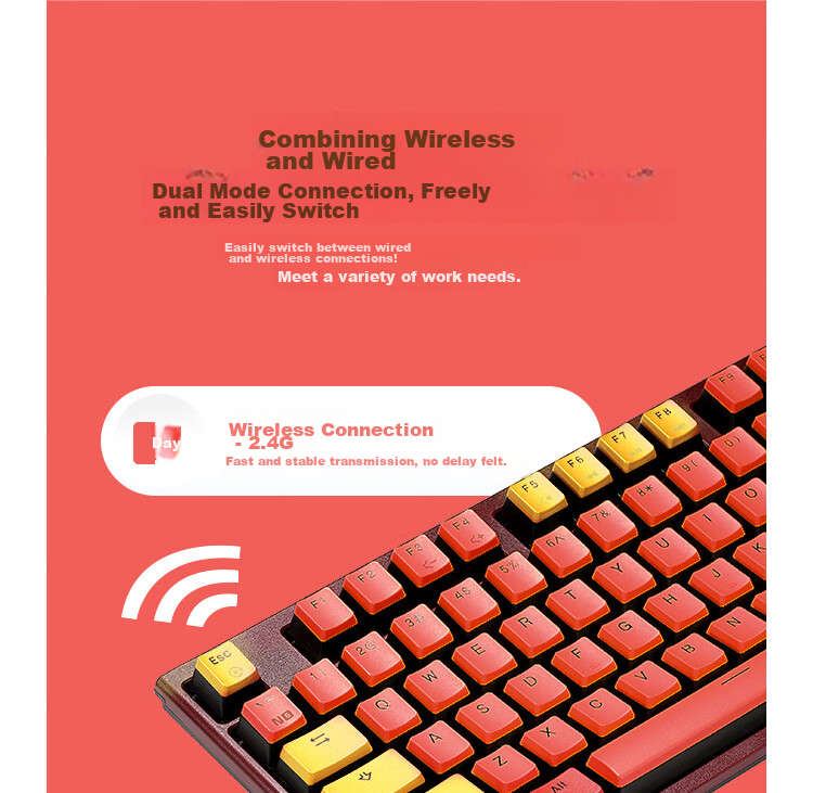 Hyeku X5 Wired/wireless 2.4G Dual-Mode Mechanical Keyboard with 108 Keys, PBT Keycaps, Tequila Sunrise Color, Kehua BOX Sky Blue Switches, with Clip And Wrist Rest 8