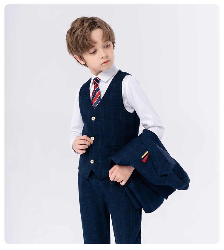 LUOBOBEIBEI Boys' Suit Spring Formal Wear Set, Children's Stylish Small Suit, Piano Greeting Outfit, Blue Plaid Five-Piece Set, Size 120 6