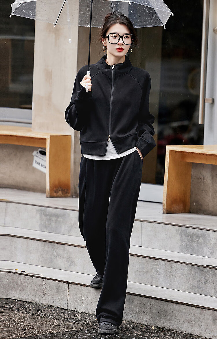 Dme [Wandering Outfit] Spring And Autumn Sporty Style Stand-Up Collar Double Zipper Long-Sleeve Top Casual Pants Women's Two-Piece Set 14