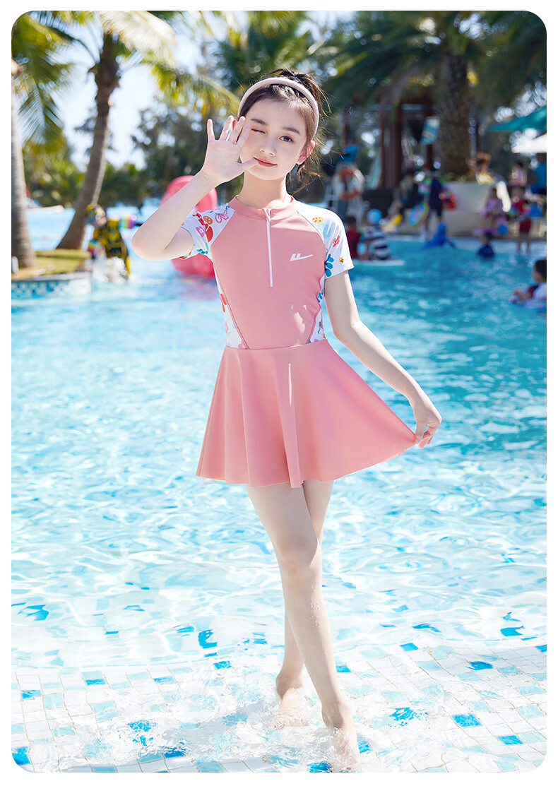 Huili Children's Swimsuit, Girls' One-Piece Dress, for Older Kids, Quick-Drying Swimming Pool Set for Girls, Three Pieces, 34020 Green, Size L 13