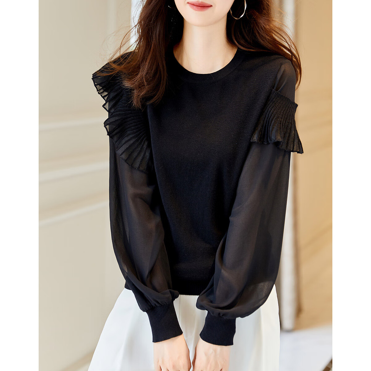 Dme [Containing Fluffy Wool] Spring And Autumn Stylish Spliced Sweater, Concealing Body Shape, Slimming Effect, Elegant Knitted Sweater for Women with High-End Feel
