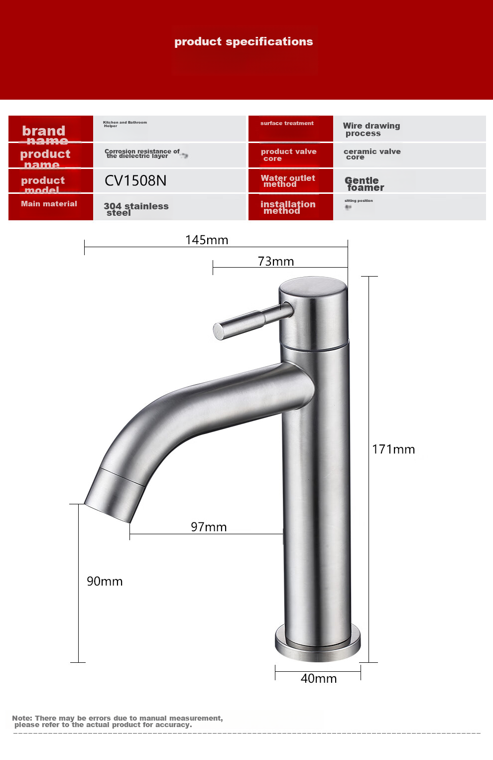 CVBAB Basin Faucet Single Cold, Bathroom Sink Faucet, Washbasin Faucet, Face Basin Faucet, 304 Stainless Steel CV1508N 12