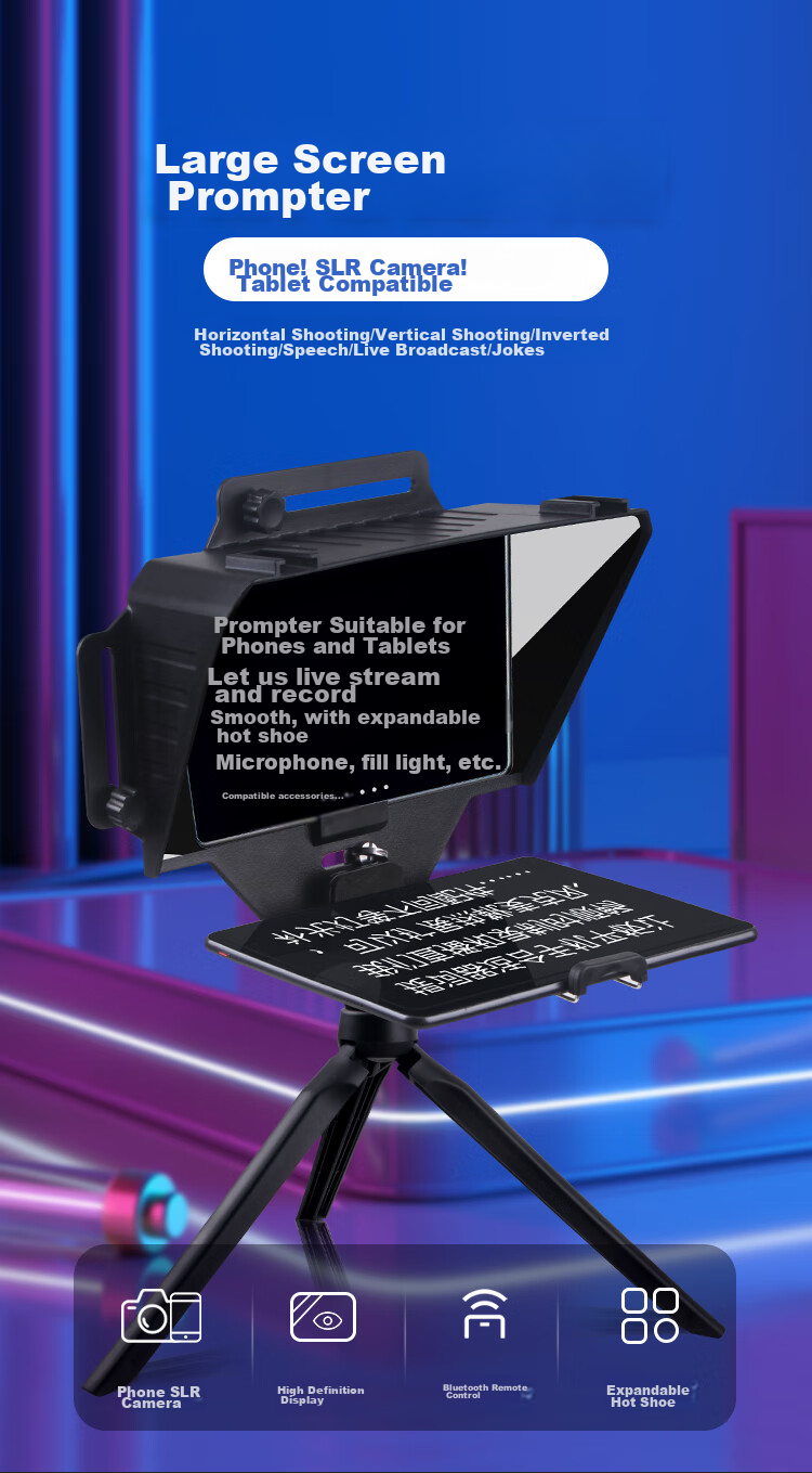 LATZZ Live Streaming Teleprompter Large Screen for Mobile Phones, Tablets, IPads, DSLR Cameras, Mirrorless Cameras Portable Teleprompter for On-Air Reading, Video Recording, Outdoor Live Streaming Interviews with Subtitle Prompter 1