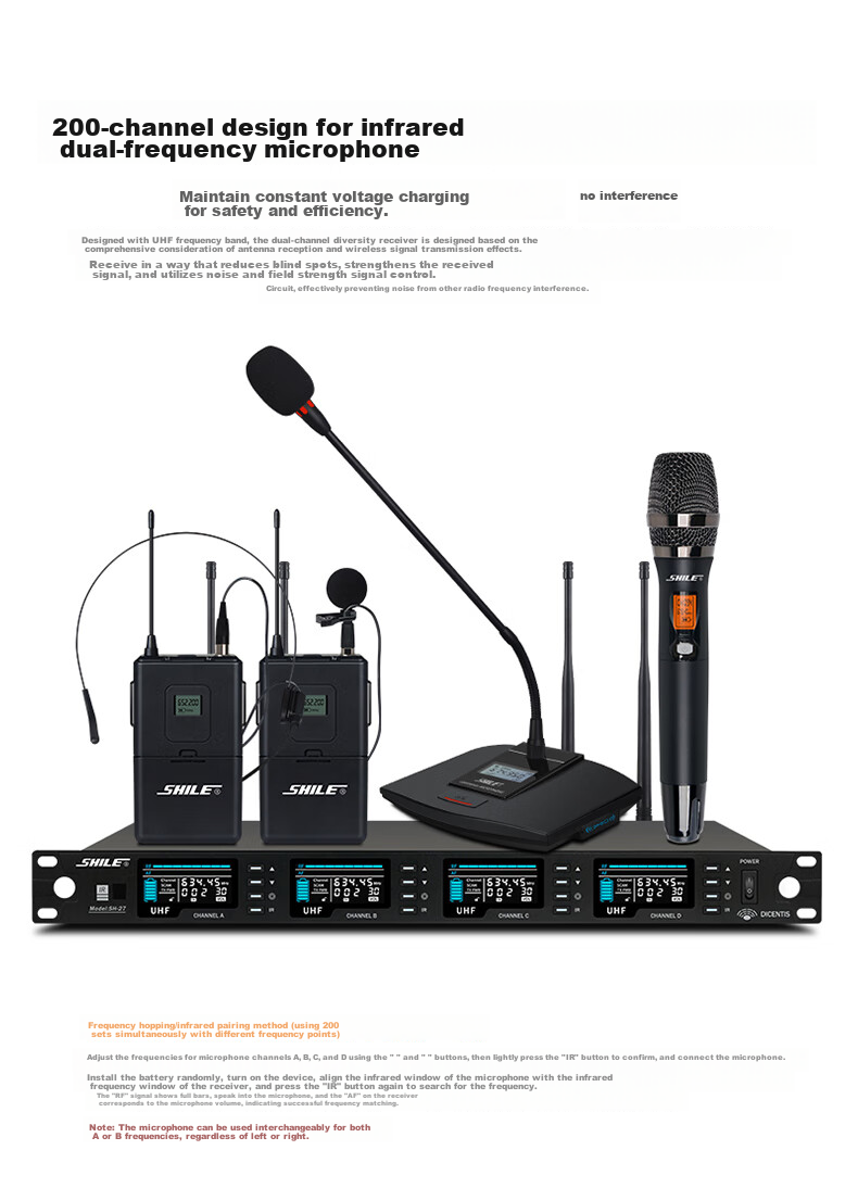 SHILE Wireless Microphone System with Four Handheld Mics, UHF Adjustable Frequency Microphones for Meetings, Training, Lectures, Events, Karaoke, KTV, SH-27 Model with 4 Handheld Mics 5