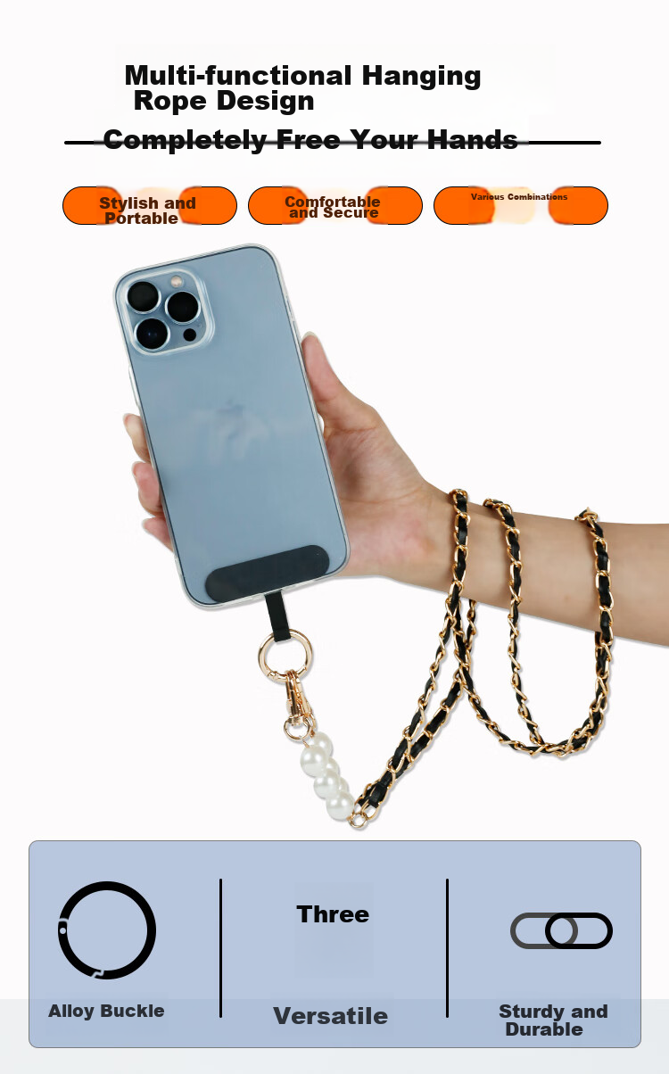ESCASE Phone Lanyard, Crossbody Neck Strap, Anti-Loss Phone Case, Long Hanging Chain, High-End Fashion Pearl Necklace, Dopamine, Summer Colorful Black And Gold 1