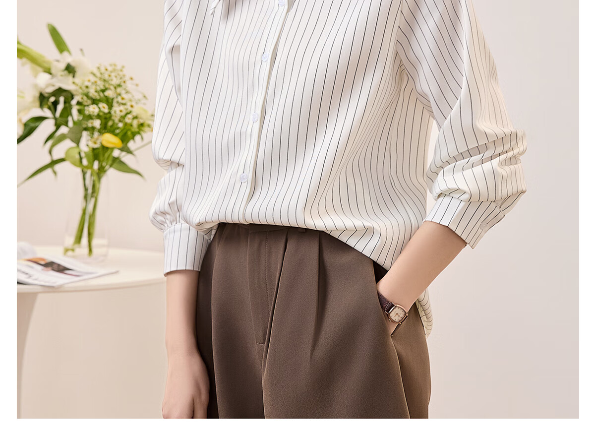 Chushen Long-Sleeve Shirt for Women, Simple Striped Versatile Casual Commuter White Blouse Top S136C2744 White M 14