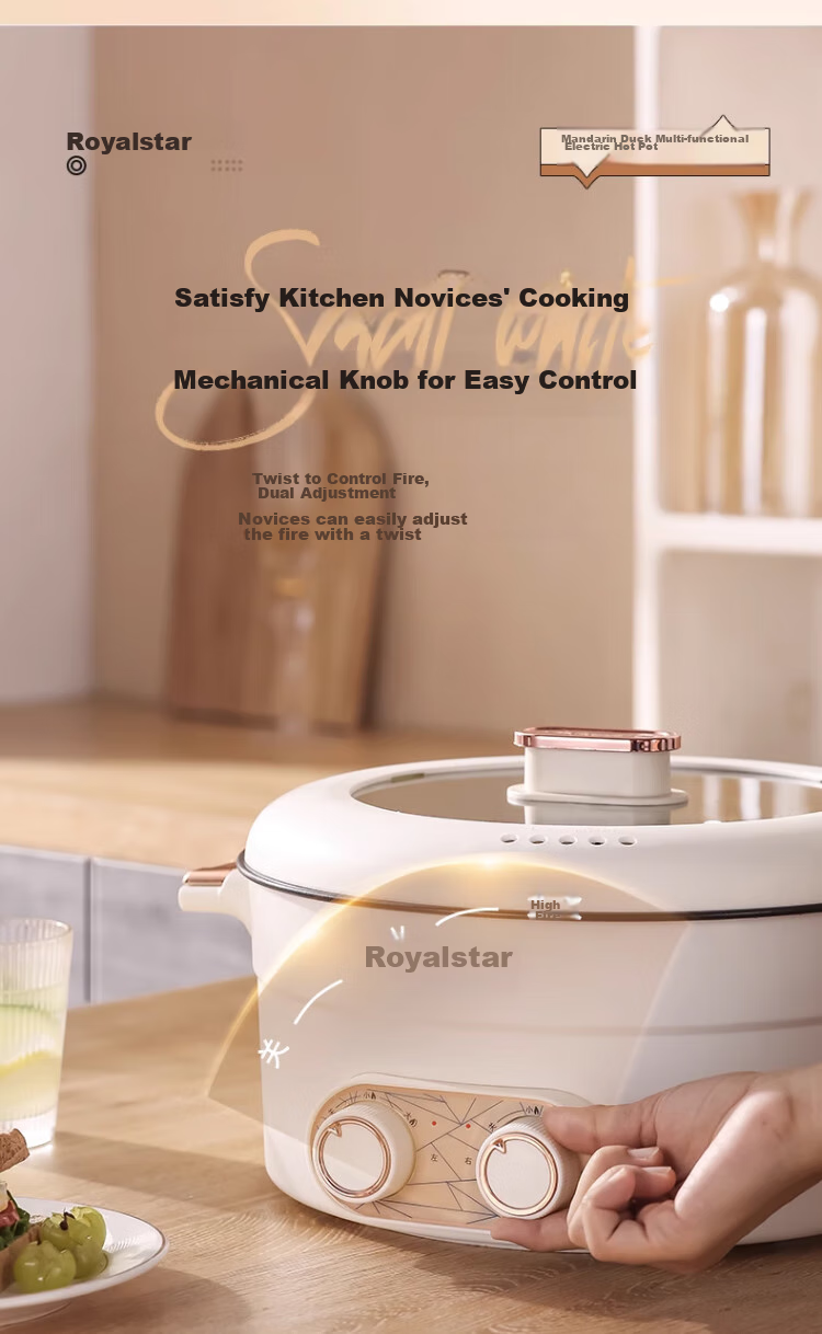 Royalstar Dual-Sided Electric Hot Pot And Wok, Multi-Functional Home Cooking Appliance, All-In Grill, Stir-Fry And Boil Function, 6L Large Capacity Non-Stick Electric Cooker RHG-136B(Y) 6