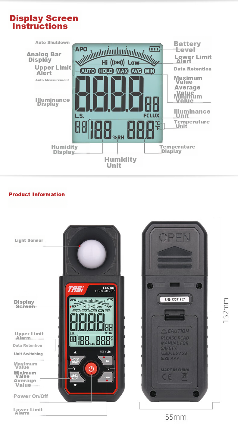 Teansi Illuminance Meter, Photometric Instrument, High-Precision Luminous Flux Tester, Brightness Meter, Photometric Measuring Instrument TA631B 11