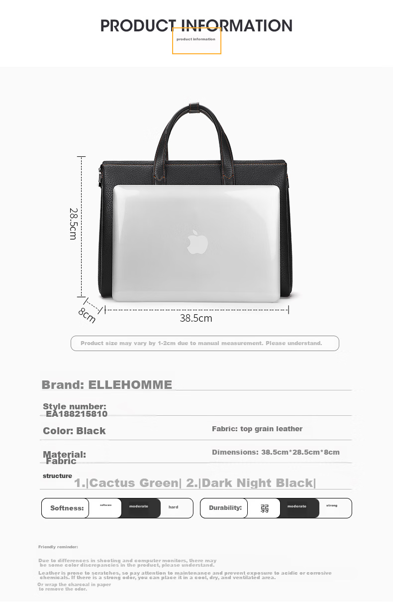 ELLE HOMME Men's Business Briefcase, Luxury Top-Grain Leather Handbag, Large Capacity Laptop Bag for Men EA188215810 Black 5