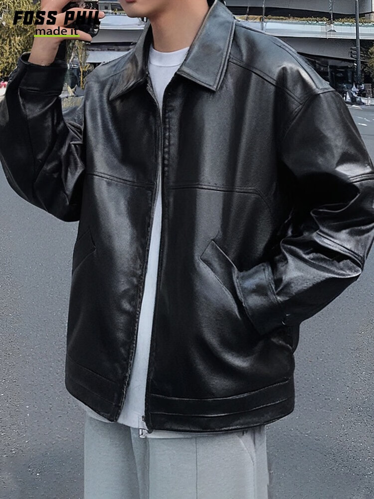 Foss Phil Men's Leather Jacket, Spring And Autumn Fashion Motorcycle Style, Korean Version Loose Casual Leather Coat, 6266 Black 3XL 7