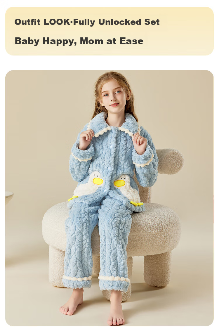 LangSha [Fleece-Lined Thick Flannel] Children's Pajamas, Girls' Autumn And Winter Sleepwear, Big Kids' Home Wear, Warm Set 10