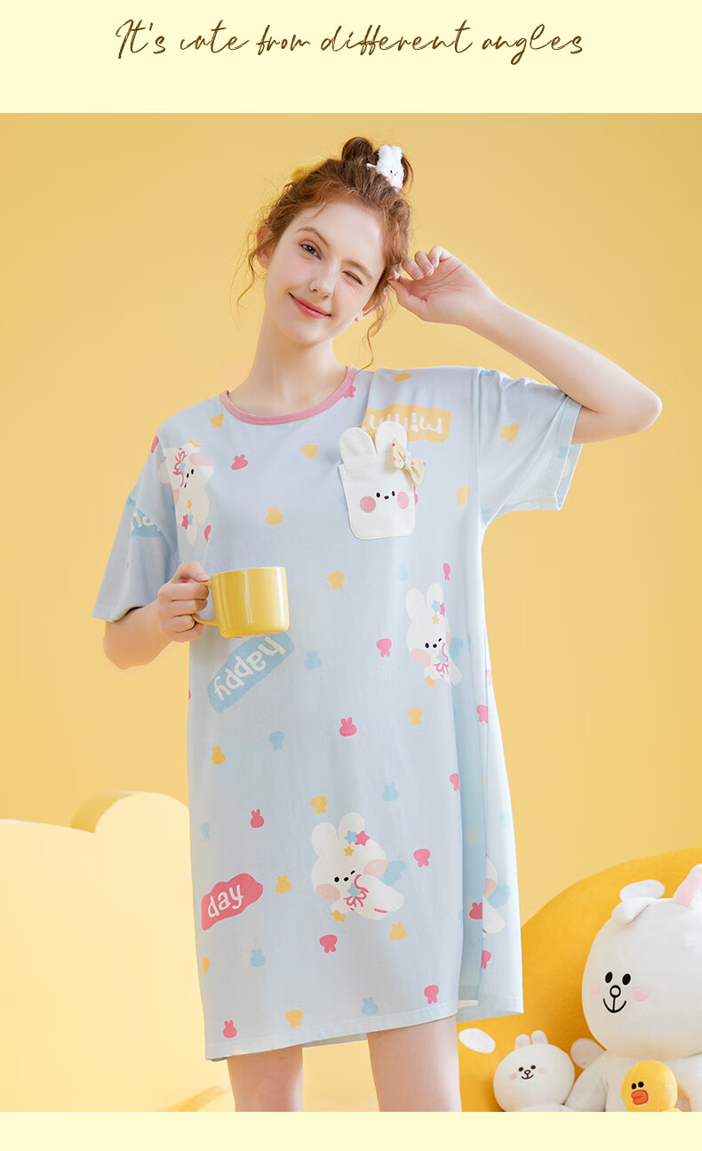 Fenteng Girls' Cotton Sleep Dress Bunny IP Summer Short Sleeve Bow Children's Pajamas Air Conditioning Clothes 8
