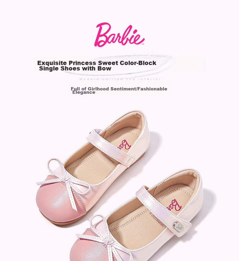 Barbie Children's Shoes, Spring And Autumn Kids Leather Shoes, Cute Color-Block Princess Style Girls' Shoes, Fashionable Shoes, DA6039 Pink, Size 31 1