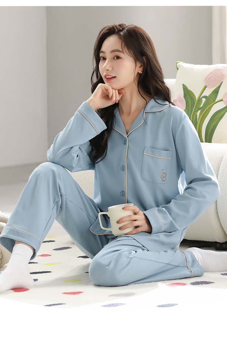 Langsha Women's Sleepwear (Antibacterial + Pure Cotton) Spring and Autumn Long Sleeve Long Pants Two-Piece Homewear Plus Size Winter Set 12