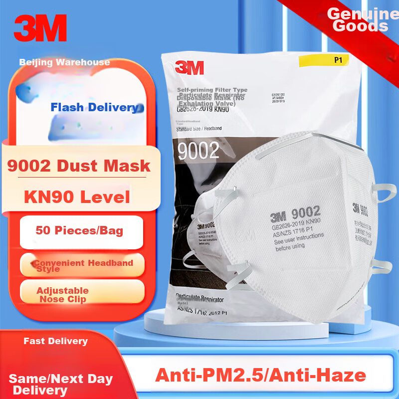 3M 9002 KN90 Dust Mask, Anti-Smog Particle Protection Mask, Head Strap Foldable Eco-Friendly Packaging, 50 Pieces (1 Bag)