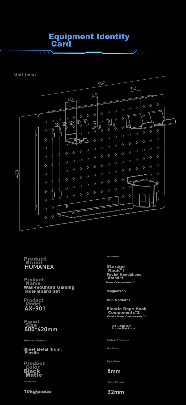 HUMANEX Pegboard Storage Rack, Wall-Mountable, for Gaming Room Or Office Desk, Creative Hooks And Accessories, Weight Capacity 10KG, AX-901 11