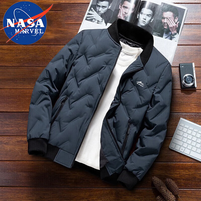 NASA MARVEL Men's Short Thick Down Jacket Autumn Winter Business Simple Comfortable Cold-Resistant Coat Haze Blue 3XL