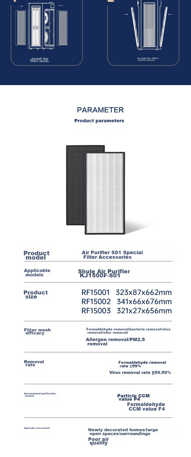 SOLEUSAIR Air Purifier for Formaldehyde Removal, Smog Elimination, Allergen Reduction with HEPA Filter RF15001 (Compatible with S01) Gift 10