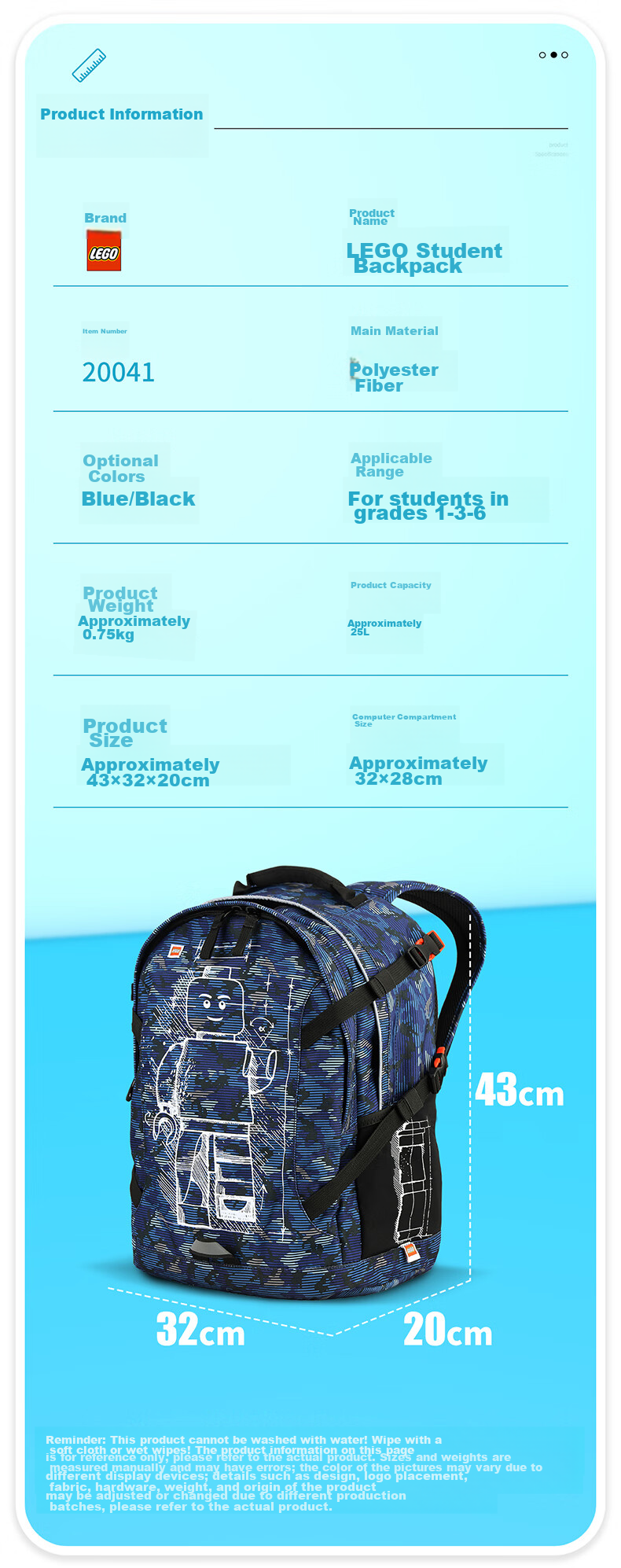 LEGO Children's Backpack Shoulder Bag for Grades 1-3 Lightweight Luminous Double Compartment Backpack for Boys And Girls Blue 20041 Gift 9