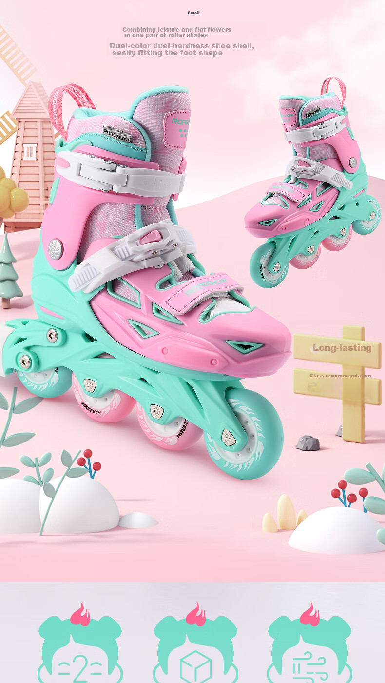 ROADSHOW Kids Roller Skates 6-12 Years Professional Casual Inline Skates S Size Peach Pink Set 11