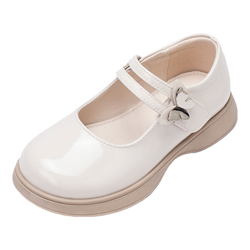 Follow Me Girls' Leather Shoes, Children's Princess Shoes, Versatile School Performance Shoes, Square-Toe Flats, Beige, Size 29