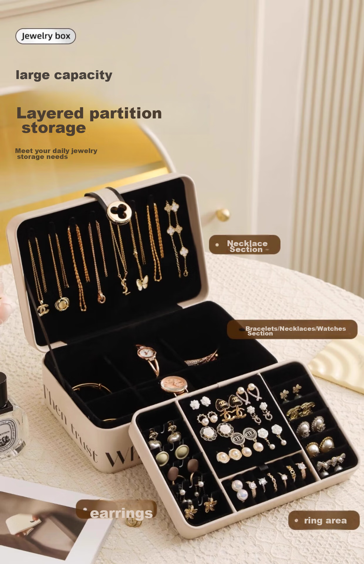 Fanyejia Luxury Large Capacity Lockable Jewelry Box for Necklaces, Rings, Watches, Gold, 3-Layer Organizer Gift Box 5
