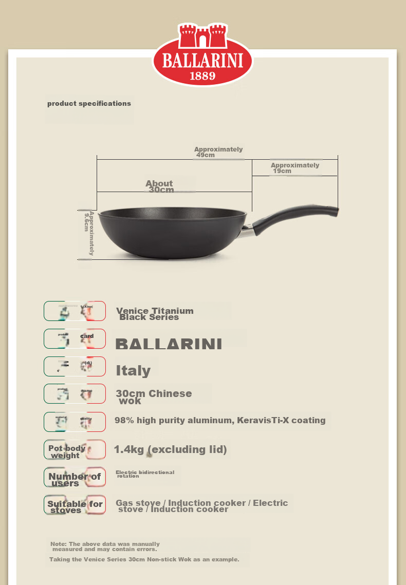 BALLARINI Italian Imported Wok, Large Diameter, Titanium-Coated Non-Stick Pan, Compatible with Induction Cookers, Venice Black, 30cm 12