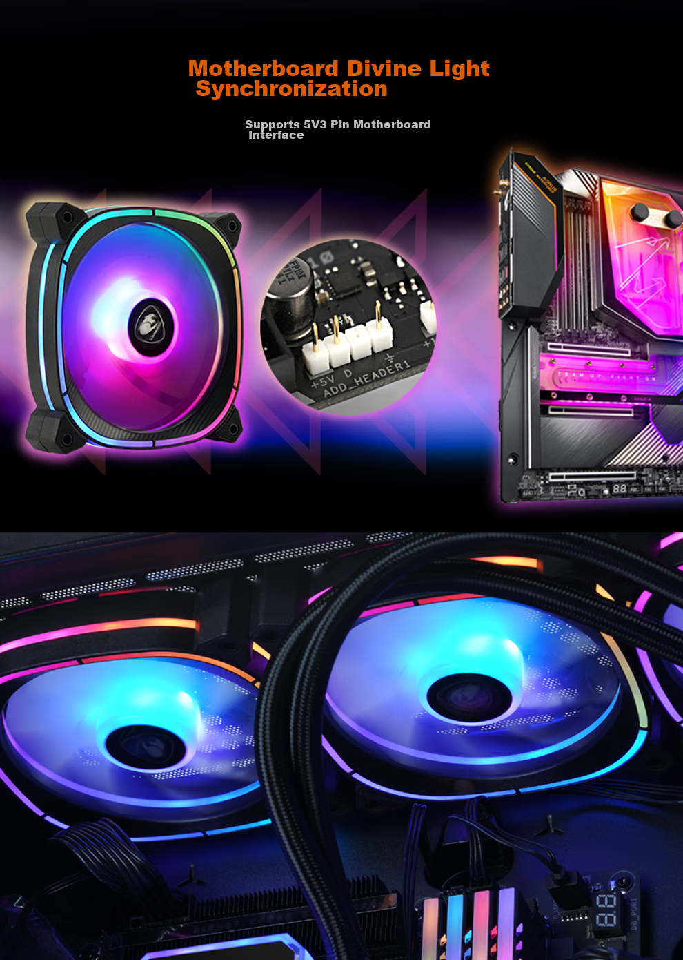 COUGAR Lingjing V2 PRO Anti-Leaf Black 12cm Case Fan, ARGB/5V3P RGB Sync, Small 4-Pin PWM Speed Control, Hydraulic Bearing, Standard Shock-Absorbing Pad 6