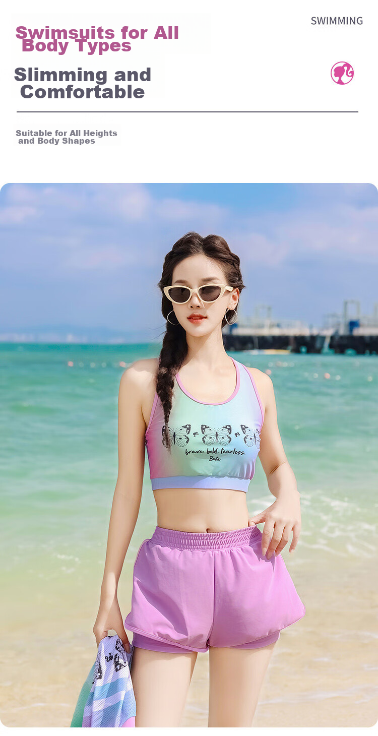 Barbie [Three-Piece Set] Women's Two-Piece Swimsuit, Tummy Control Slimming Boyshort Swimwear for Beach Vacation And Hot Springs 3