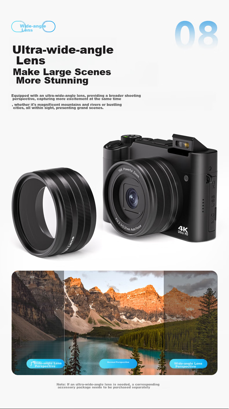 SONGDIAN Digital Camera with Dual Front And Rear Sensors, 4K High-Definition Mirrorless Camera for Vlogging, Portable, Entry-Level Student Camera DC218 White + Wide-Angle Lens 256GB Memory 10