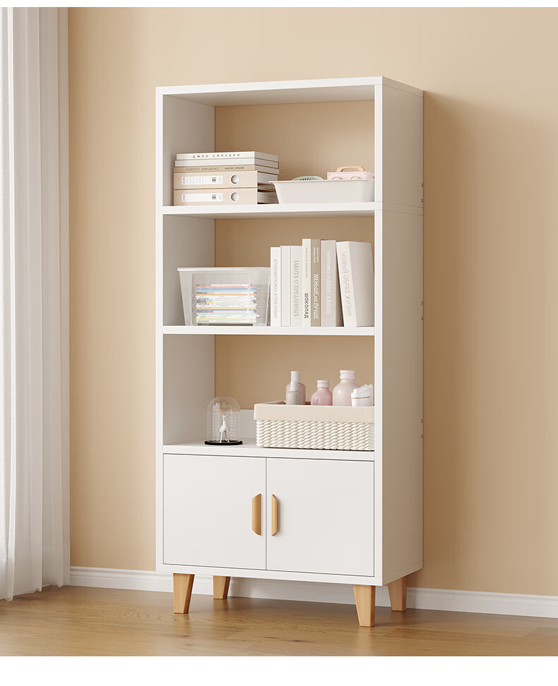 KULIN Bookshelf Floor Storage Cabinet Book Storage Rack Office File Rack Storage Rack Solid Wood Legs Warm White 3-Tier 9