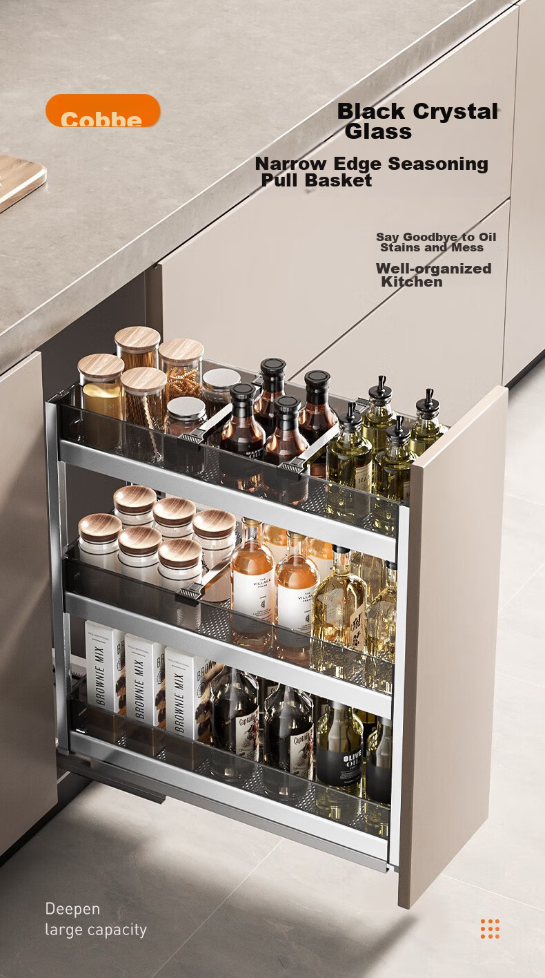 Cobbe Gunmetal Gray Kitchen Seasoning Basket Three-Tier Storage Drawer Cabinet Under-Shelf Thickened Built-in Pull-Out Spice Rack 6