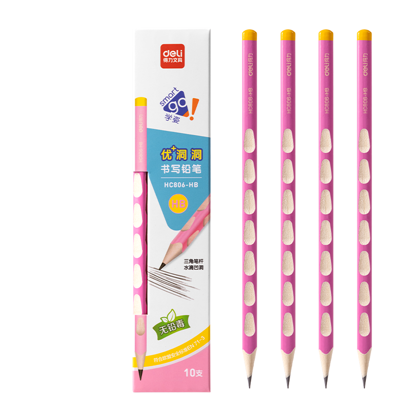 Deli 10 HB Pink Perforated Pencils, Easy-Grip Writing Pencils for Children's Posture Correction And Handwriting Practice, HC806-HB Student Back-To Stationery