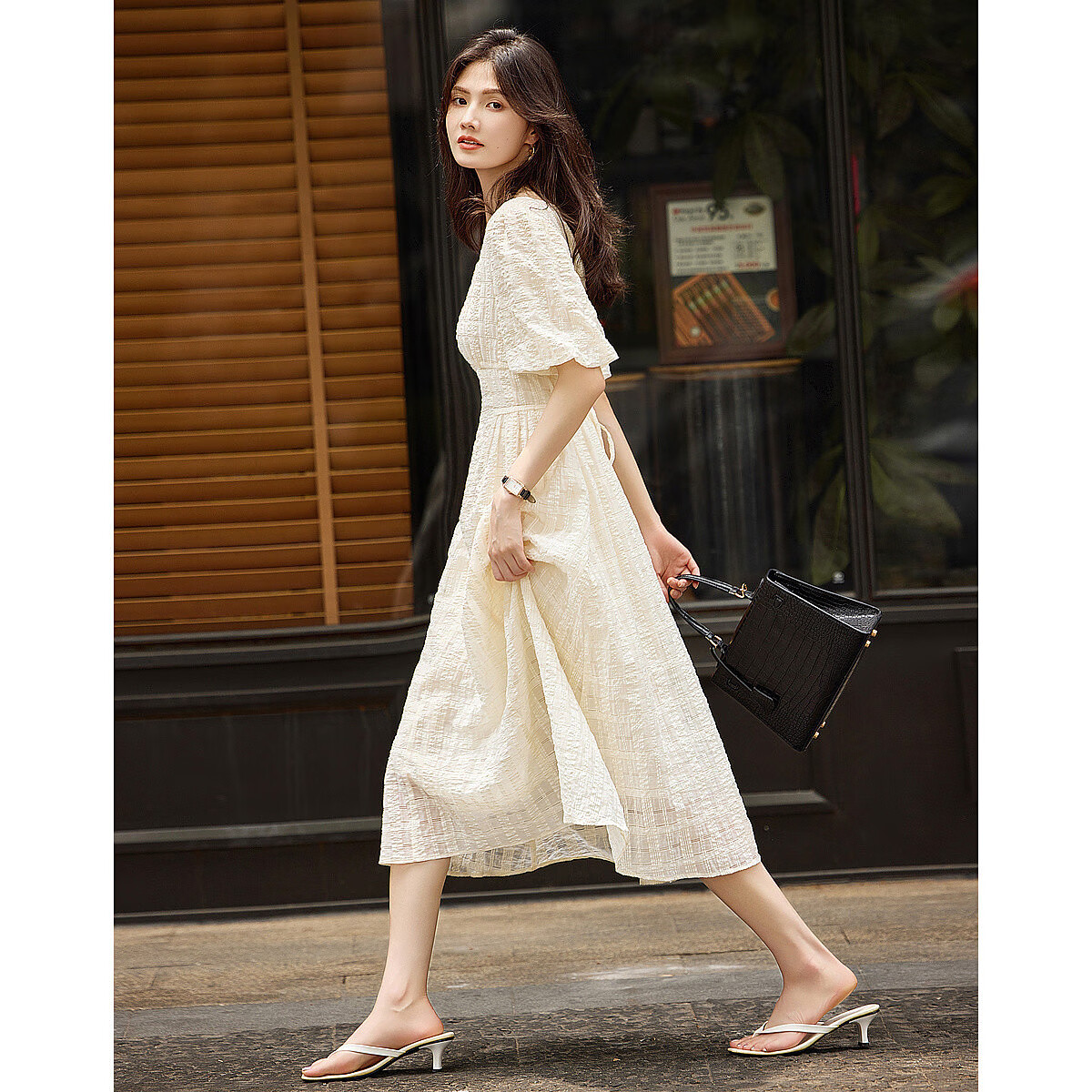 Dme Commuter Cotton Bright Silk Umbrella Skirt, Summer Style Square Neck Waist-Cinching Puff Sleeve Long Dress for Wome