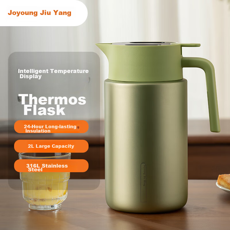 Joyoung Insulated Thermos, Smart Temperature Display, Large Capacity Water Bottle for Home Use, 316L Stainless Steel Hot Water Bottle, 2L-WR912 (Green)