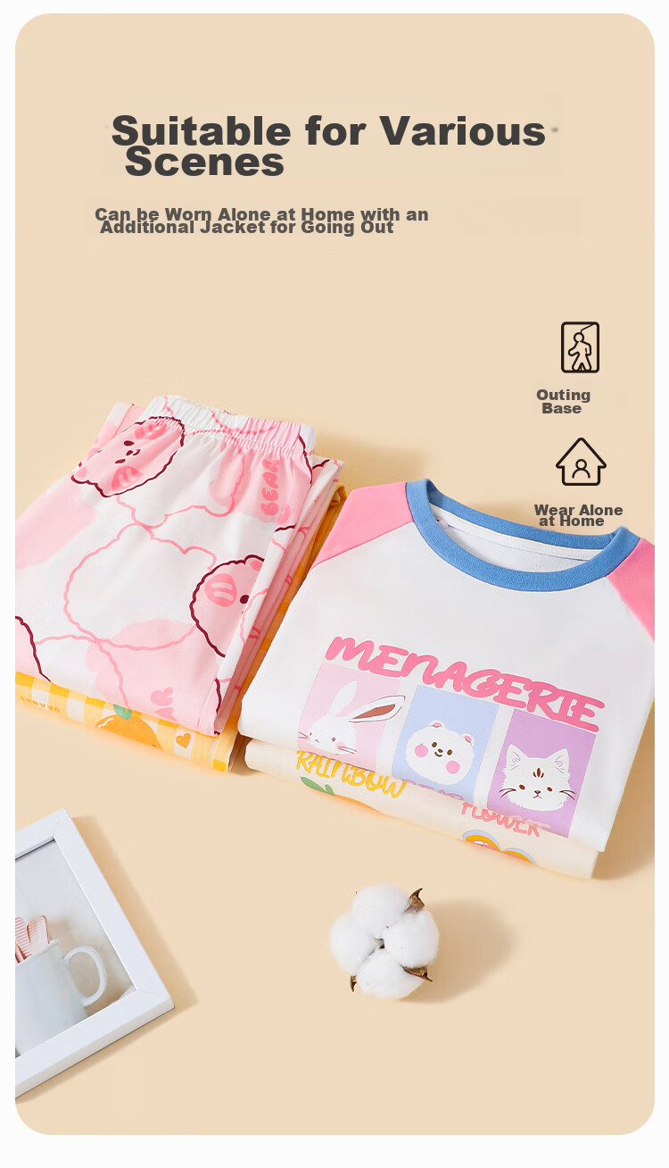YUZHAOLIN Girls' Pajamas, Pure Cotton Spring Children's Home Wear Set, for Older Kids, Clothing with Animals And Happy Little Flowers 7