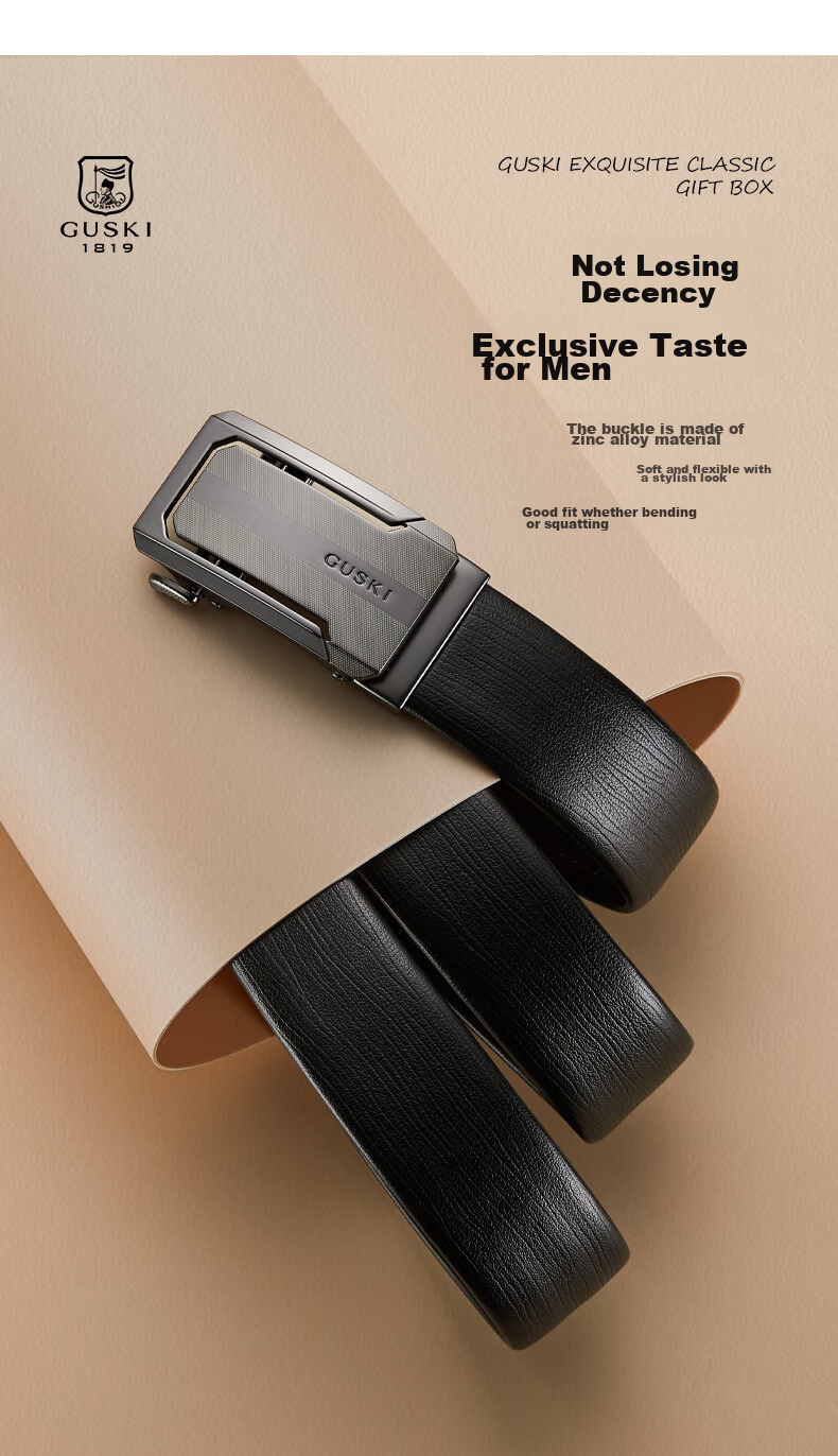 GUSKI Brand Men's Leather Belt with Automatic Buckle, Top-Grain Cowhide Waistband, Gift Box, Birthday Present for Boyfriend Or Husband 9