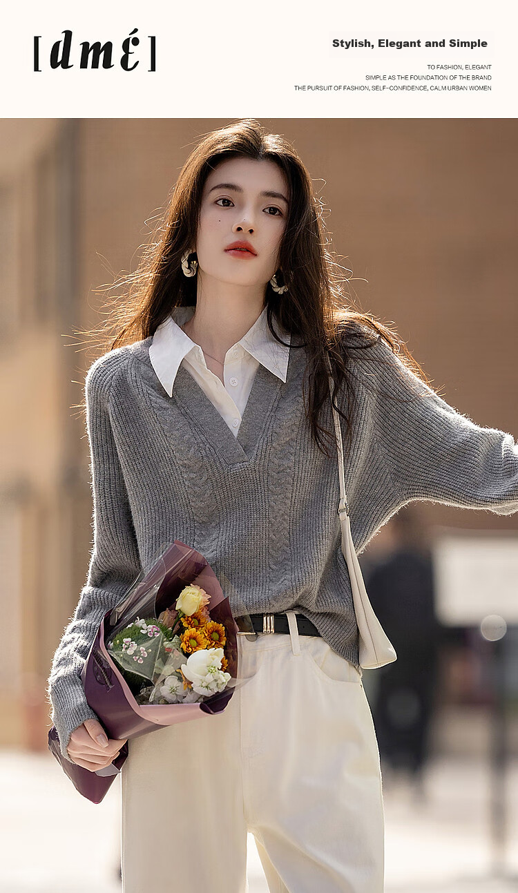 Dme [Cloud Sweater] Spring And Autumn Simple Style Commuter Patchwork Lapel Soft Fleece Shawl Slimming Knit Sweater Women's Top 1