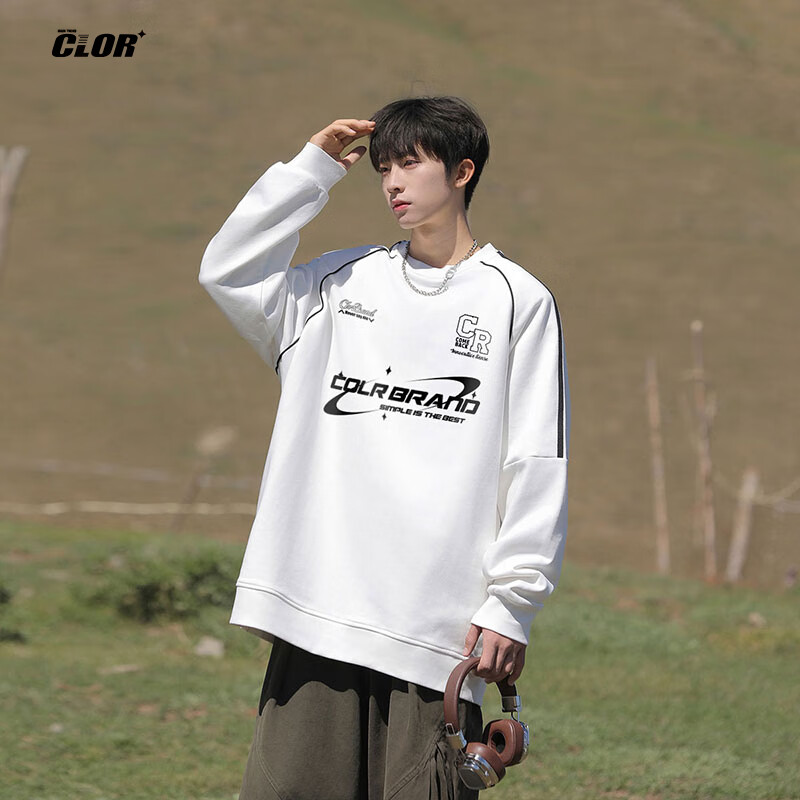 CLOR American-Style Striped Patchwork Sweatshirt for Men, Spring And Summer Style, Trendy Casual Loose Long-Sleeve T-Shirt WYC10 White M