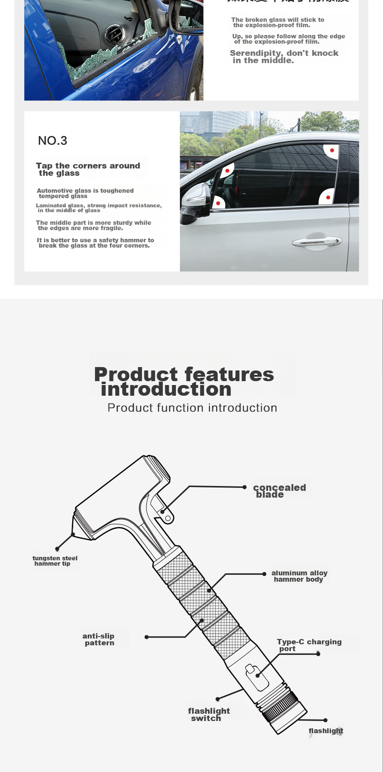 Deli Car Safety Hammer Window Breaker Tool with All-Metal Handle, High-Intensity Flashlight, And Cutter Three-In Compatible with Xiaomi SU7 10