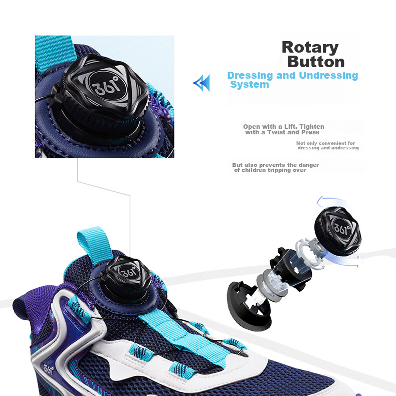 361° Children's Sports Shoes, All-Season Youth Basketball Shoes with Durable Rotating Buckle, Blue, Size 40 22