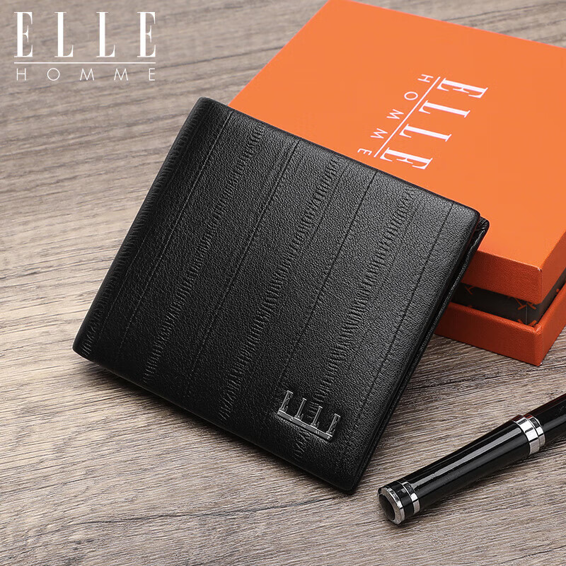 ELLE HOMME Men's Short Wallet, Top-Grain Leather Multifunctional Card Holder, Horizontal Style Billfold 2120, Birthday Gift for Me