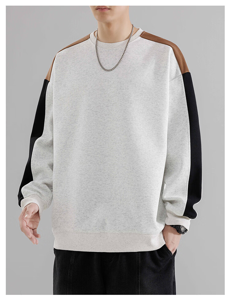 Foss Phil Crew Neck Sweatshirt for Men, Spring And Autumn Loose Casual Patchwork Color-Block Trendy T-Shirt Top 8883 Black M 7