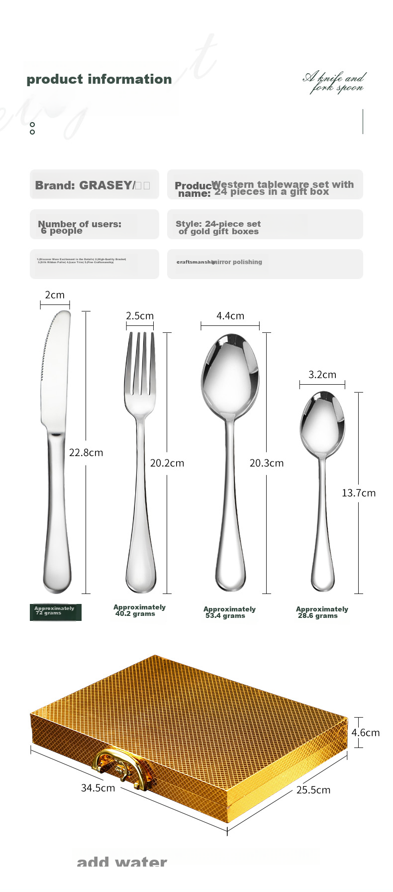 Guangyi Stainless Steel Western Cutlery Set, Steak Knife Fork Spoon Set, 24-Piece Combination Pack for Six People, GY7564 13