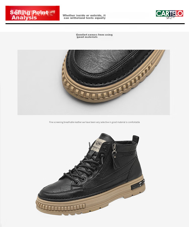 CARTELO Men's Shoes, Spring 2026 Popular High-Top Casual Leather Shoes, Thick-Soled Work Boots for Men, Black, Size 43 5