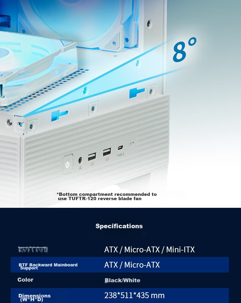 ASUS A31 Panoramic Case, Double-Sided Glass Design, Supports Back-Mounted Motherboard, 10Gbps Type-C Port, 360mm Water Cooling, Tool-Free Disassembly, White 7